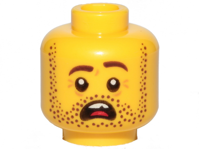 LEGO Minifiguren Köpfe (männlich) - Dunkelbraune Bartstoppel, offener Mund mit Zähnen und Zunge