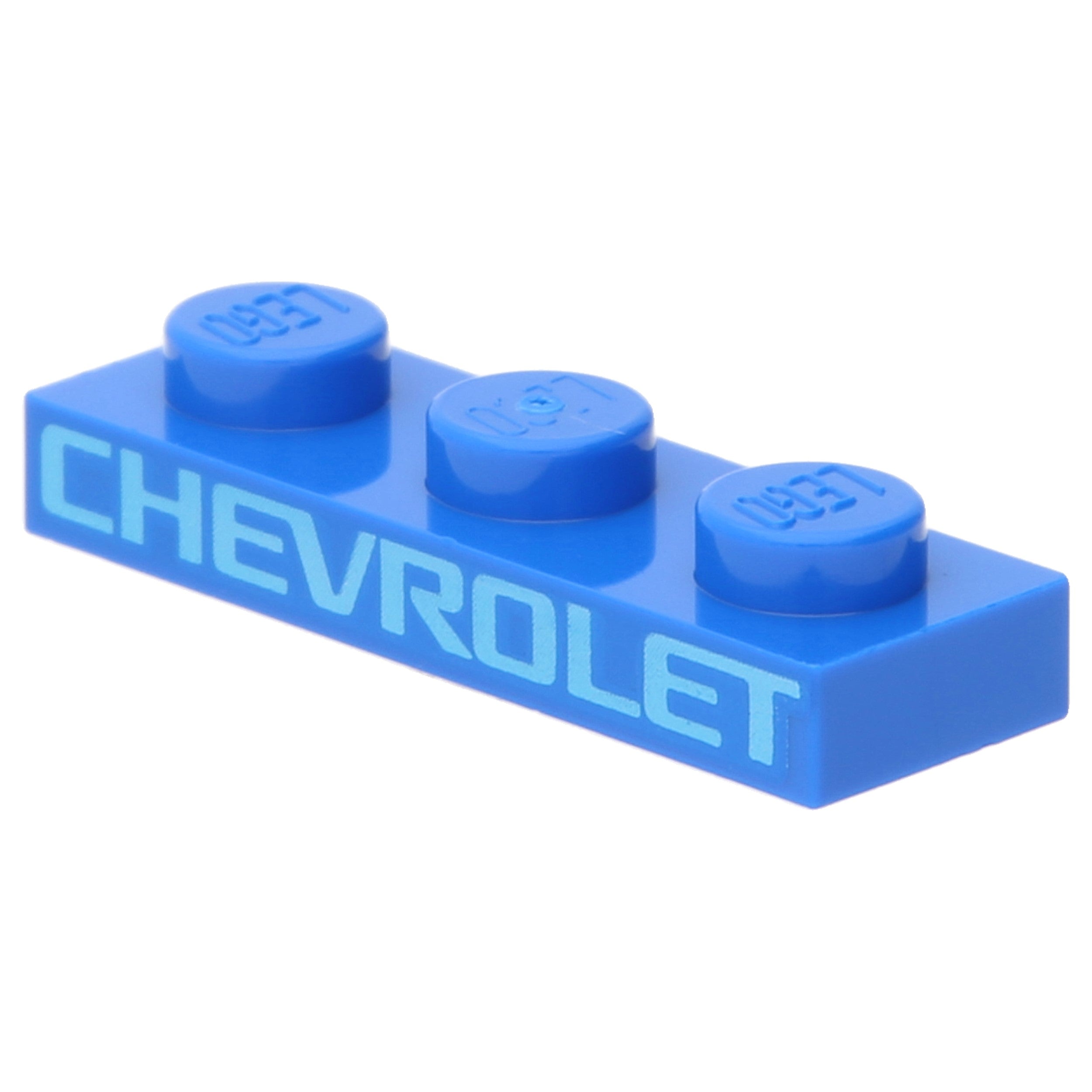 LEGO Platten (bedruckt) - 1 x 3 mit azurblauem "Chevrolet" Aufdruck (Blau)