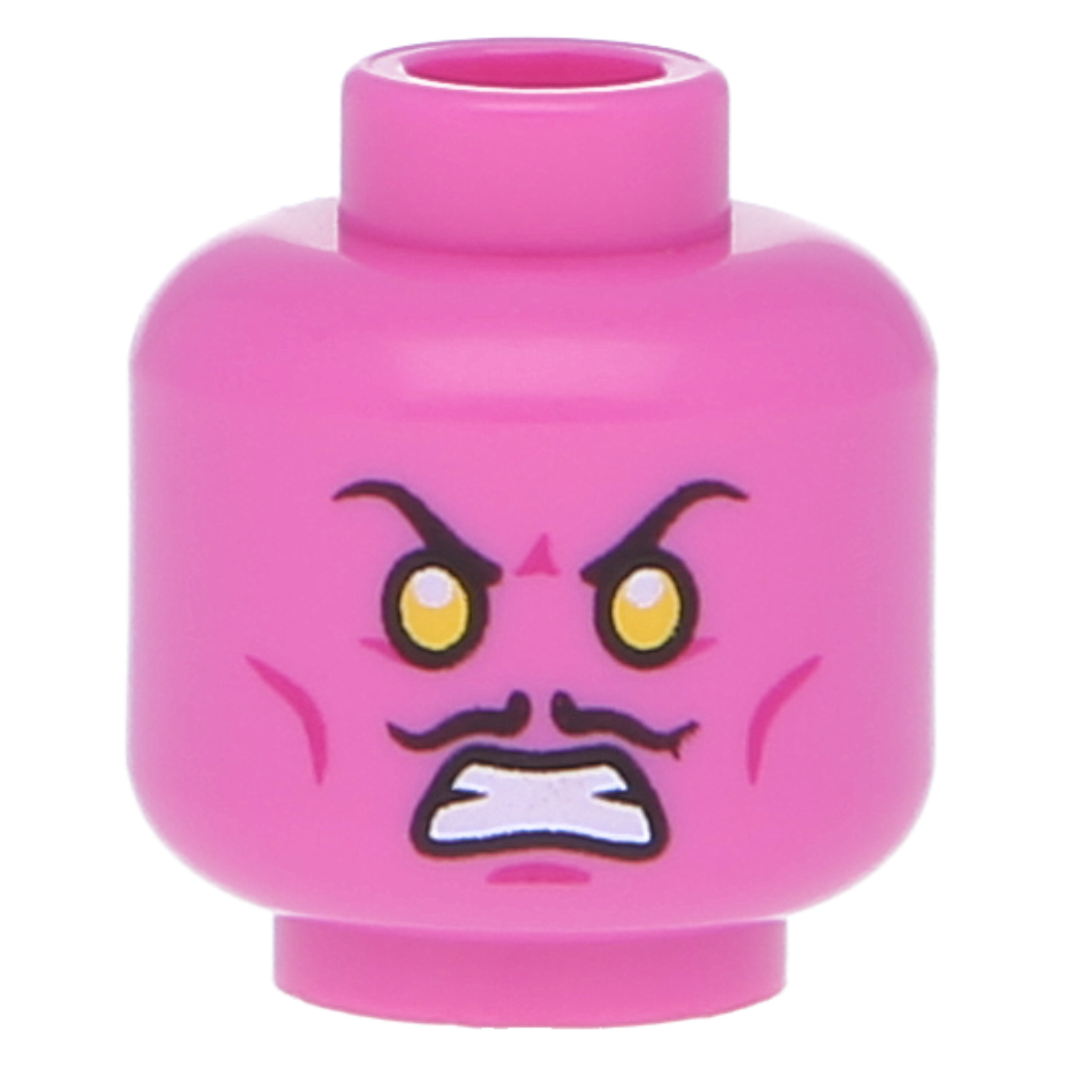 LEGO Minifigures heads (other) - dark pink head double -sided with mustache, orange eyes and frowns/ grown teeth (in -depth nub)